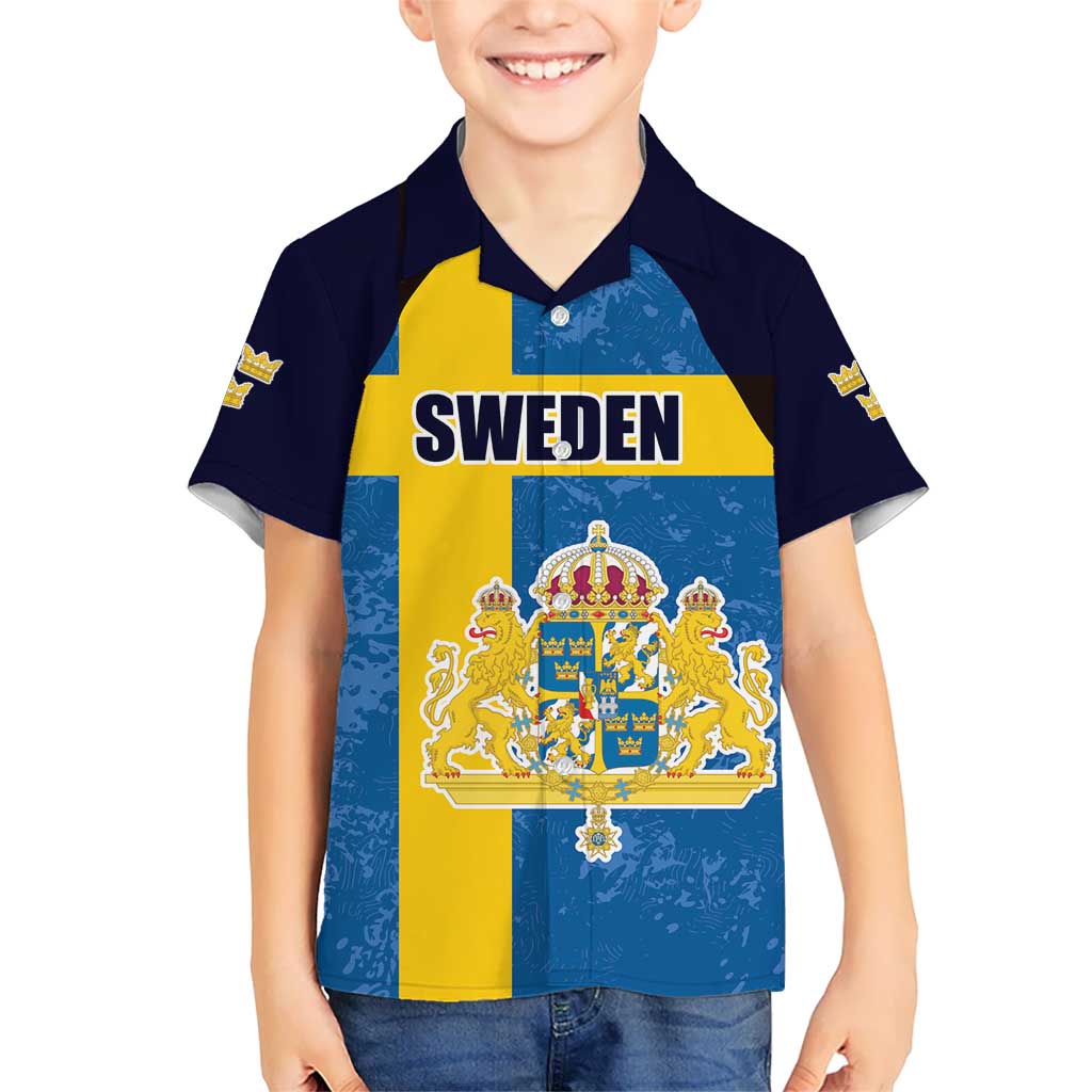 Custom Sweden Flag and Coat of arms Hawaiian Shirt Three Crowns of Sweden