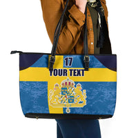 Custom Sweden Flag and Coat of arms Leather Tote Bag Three Crowns of Sweden