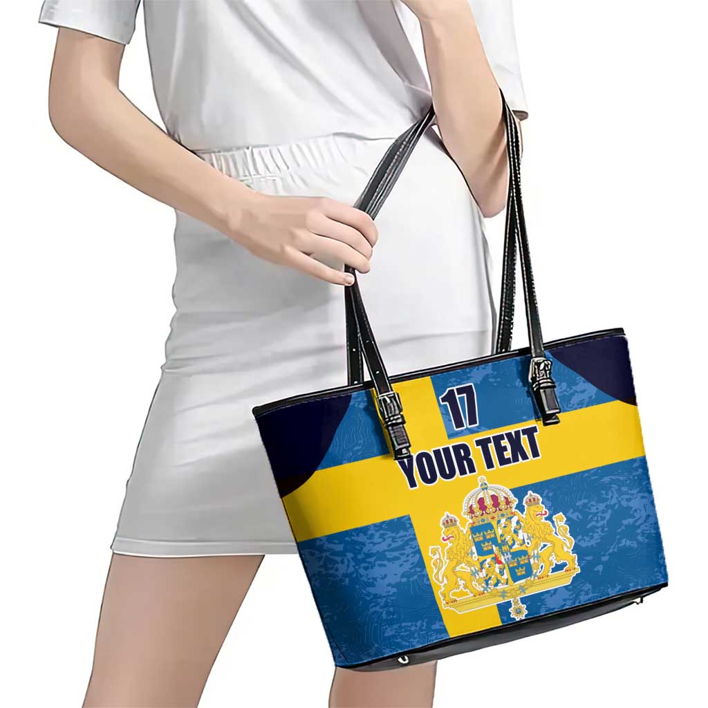 Custom Sweden Flag and Coat of arms Leather Tote Bag Three Crowns of Sweden