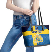 Custom Sweden Flag and Coat of arms Leather Tote Bag Three Crowns of Sweden
