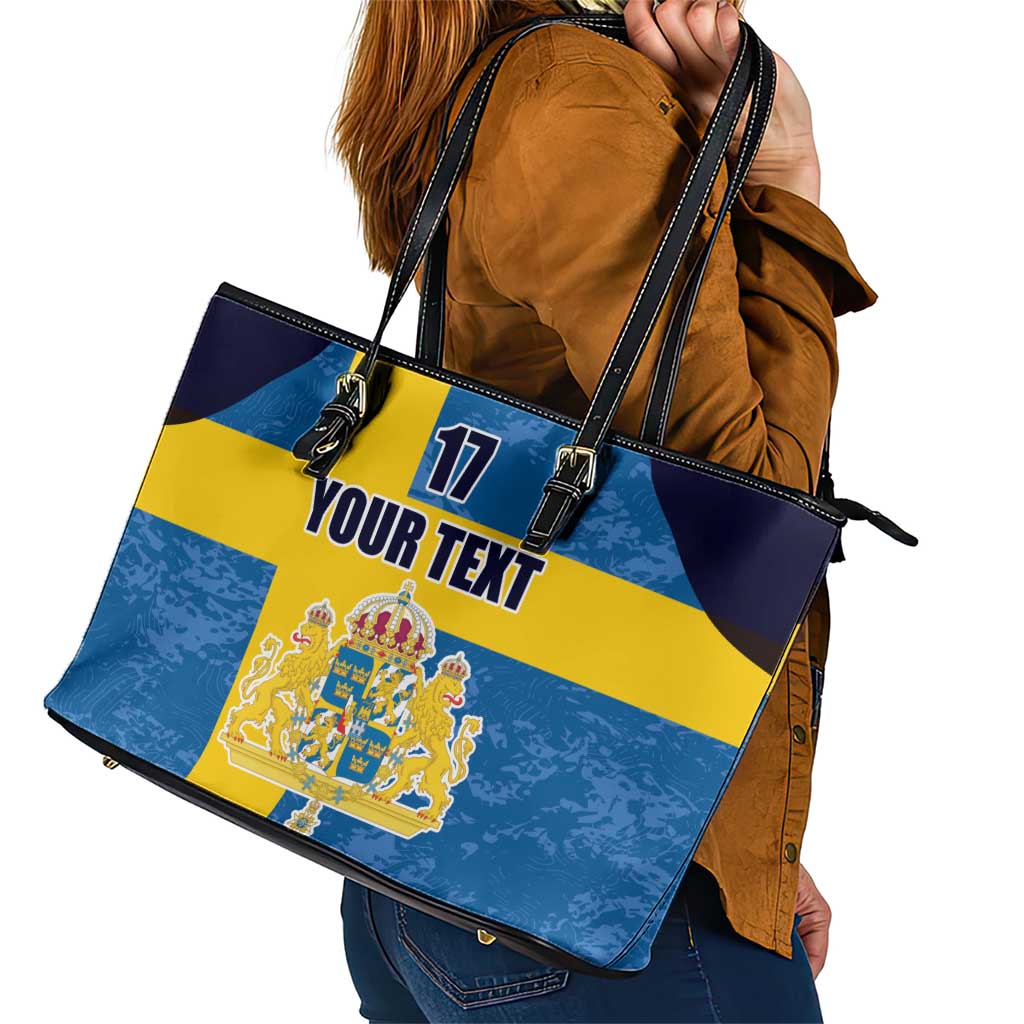 Custom Sweden Flag and Coat of arms Leather Tote Bag Three Crowns of Sweden