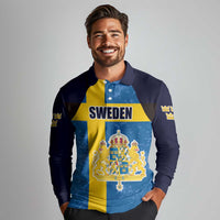Custom Sweden Flag and Coat of arms Long Sleeve Polo Shirt Three Crowns of Sweden