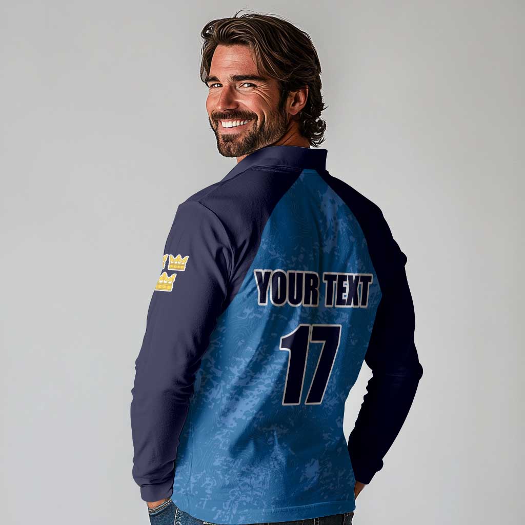 Custom Sweden Flag and Coat of arms Long Sleeve Polo Shirt Three Crowns of Sweden