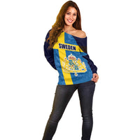 Custom Sweden Flag and Coat of arms Off Shoulder Sweater Three Crowns of Sweden
