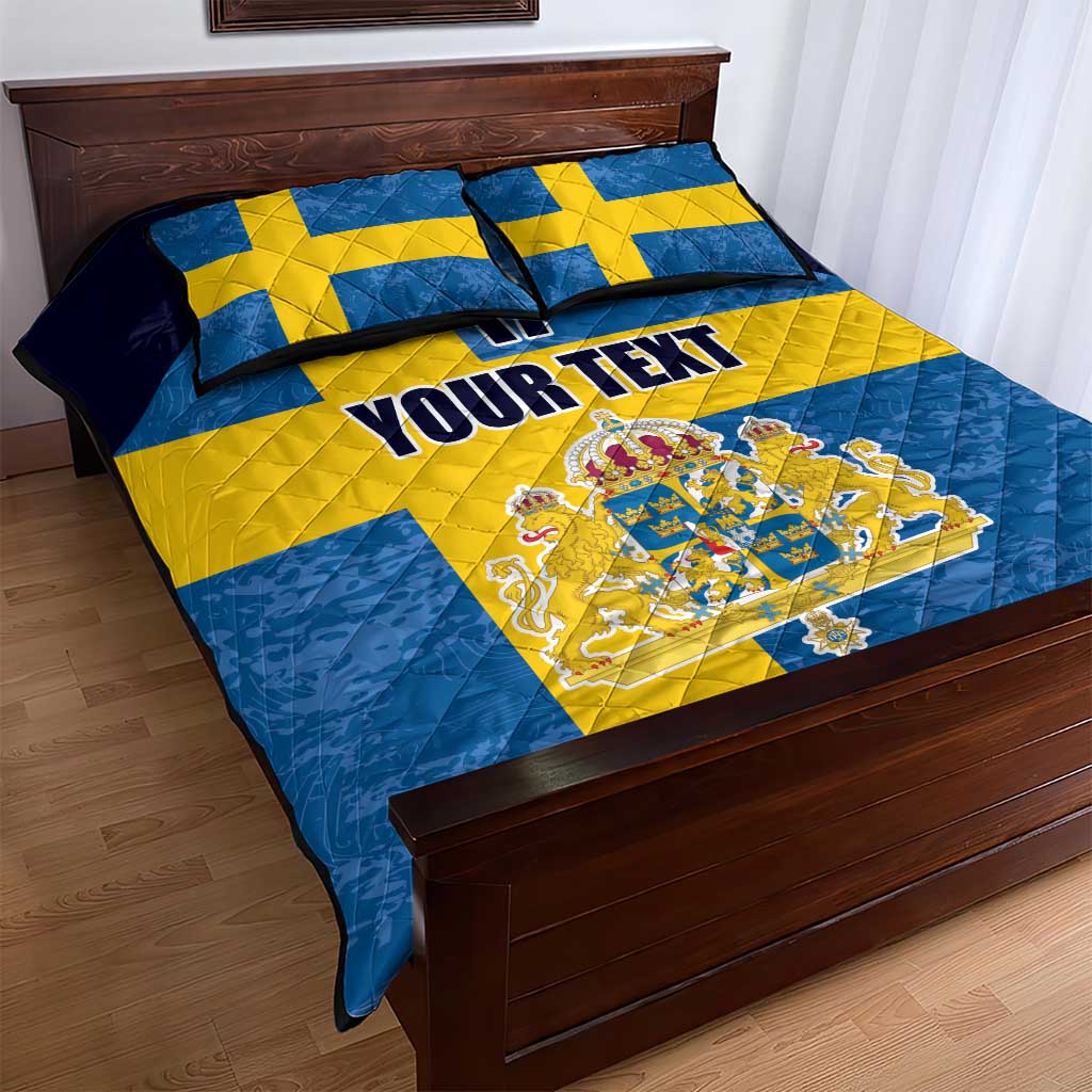 Custom Sweden Flag and Coat of arms Quilt Bed Set Three Crowns of Sweden