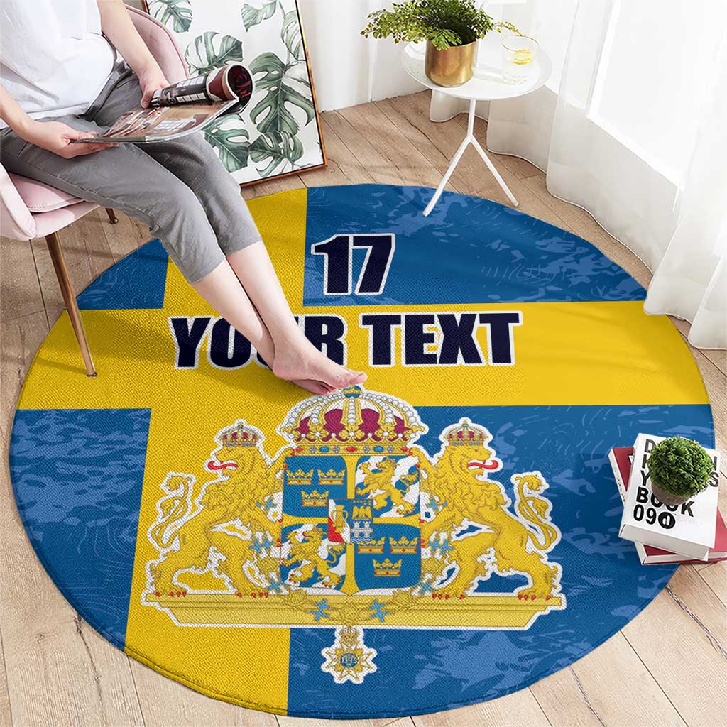 Custom Sweden Flag and Coat of arms Round Carpet Three Crowns of Sweden