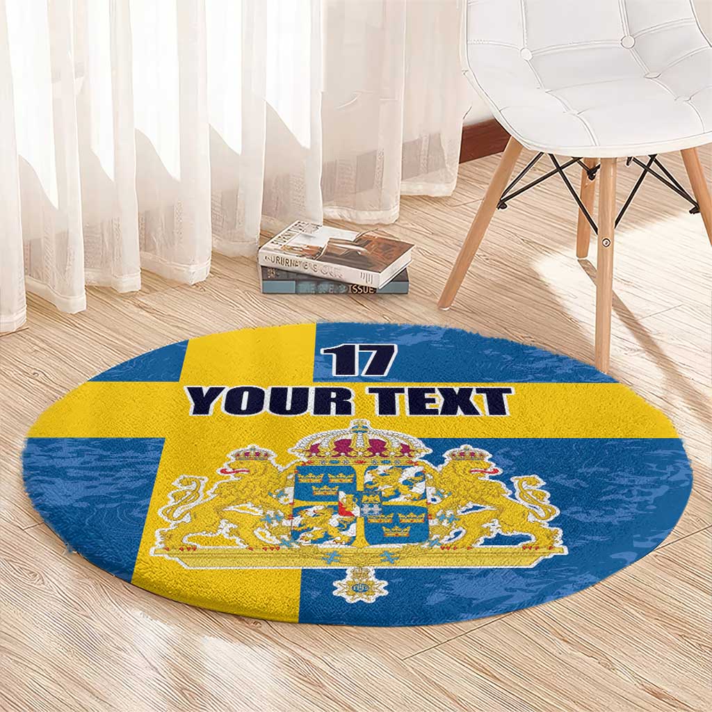 Custom Sweden Flag and Coat of arms Round Carpet Three Crowns of Sweden