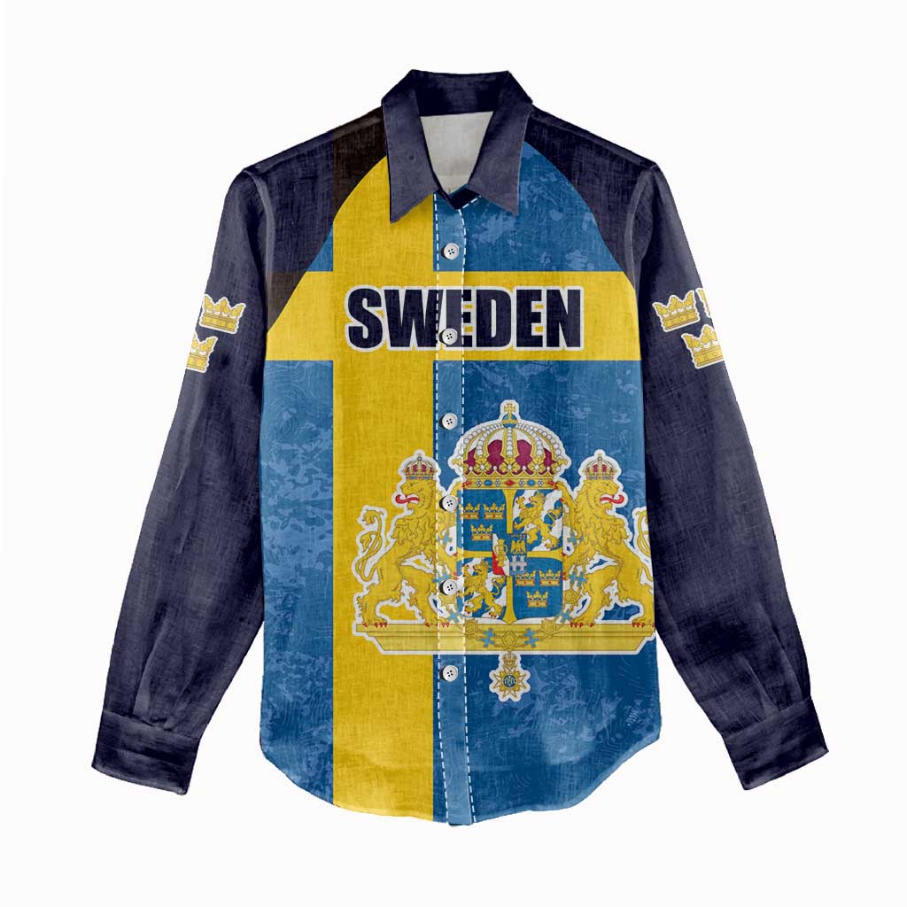 Custom Sweden Flag and Coat of arms Women Casual Shirt Three Crowns of Sweden
