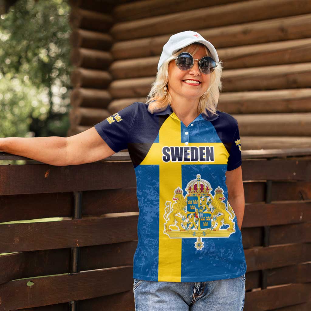 Custom Sweden Flag and Coat of arms Women Polo Shirt Three Crowns of Sweden