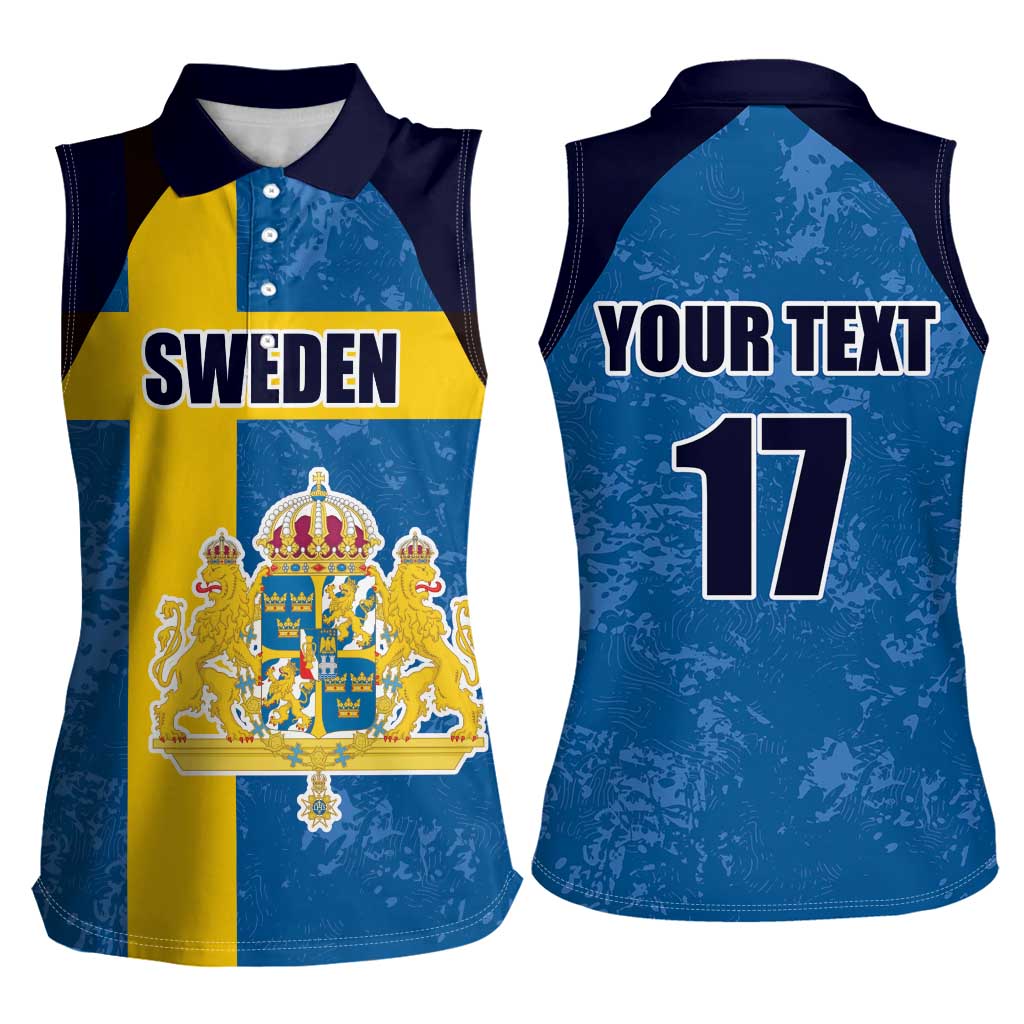 Custom Sweden Flag and Coat of arms Women Sleeveless Polo Shirt Three Crowns of Sweden