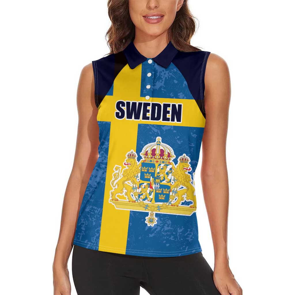 Custom Sweden Flag and Coat of arms Women Sleeveless Polo Shirt Three Crowns of Sweden