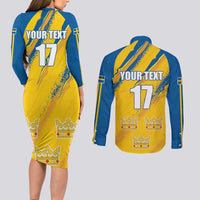 Custom Sweden Football Couples Matching Long Sleeve Bodycon Dress and Long Sleeve Button Shirt Sporty Style