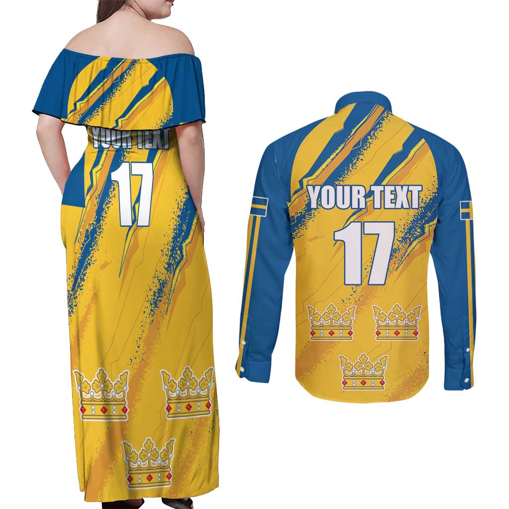 Custom Sweden Football Couples Matching Off Shoulder Maxi Dress and Long Sleeve Button Shirt Sporty Style