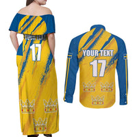 Custom Sweden Football Couples Matching Off Shoulder Maxi Dress and Long Sleeve Button Shirt Sporty Style
