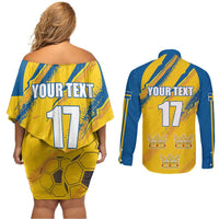 Custom Sweden Football Couples Matching Off Shoulder Short Dress and Long Sleeve Button Shirt Sporty Style