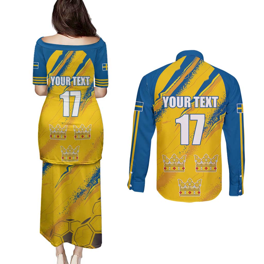 Custom Sweden Football Couples Matching Puletasi and Long Sleeve Button Shirt Sporty Style