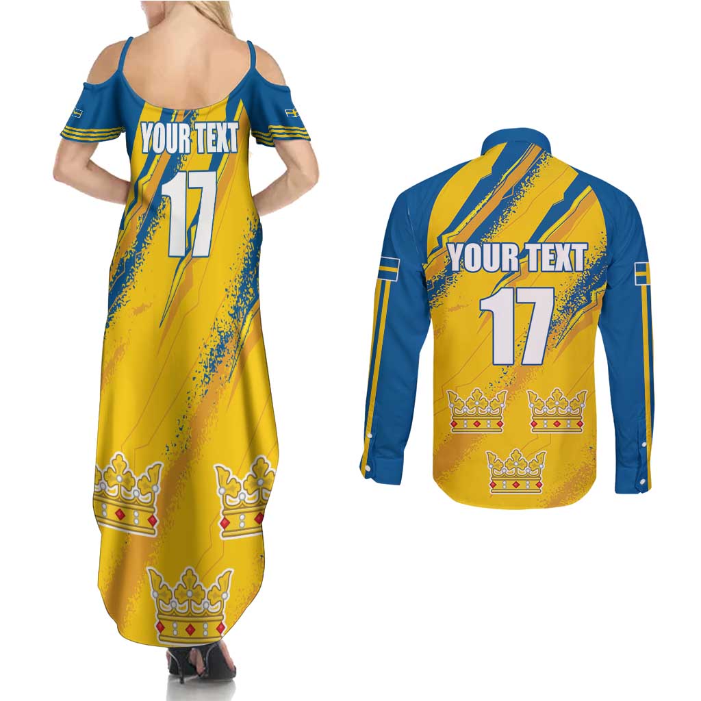 Custom Sweden Football Couples Matching Summer Maxi Dress and Long Sleeve Button Shirt Sporty Style