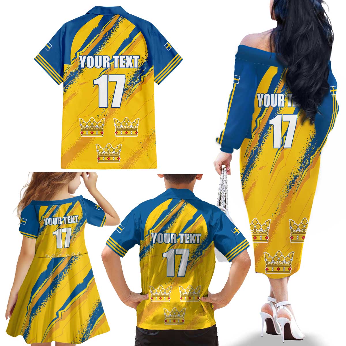 Custom Sweden Football Family Matching Off The Shoulder Long Sleeve Dress and Hawaiian Shirt Sporty Style