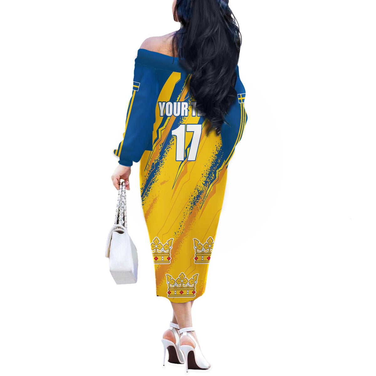 Custom Sweden Football Off The Shoulder Long Sleeve Dress Sporty Style