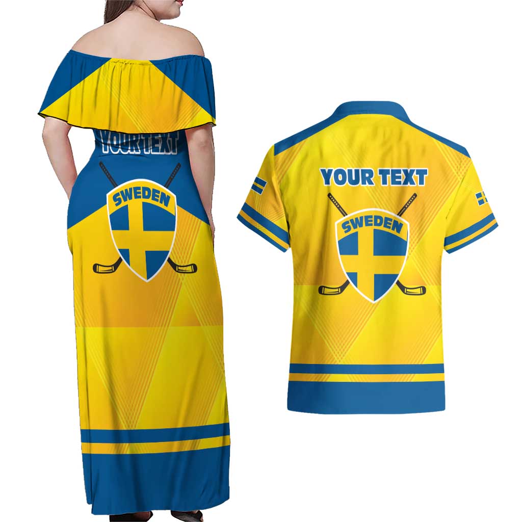 Personalized Sweden Ice Hockey Couples Matching Off Shoulder Maxi Dress and Hawaiian Shirt Sporty Style