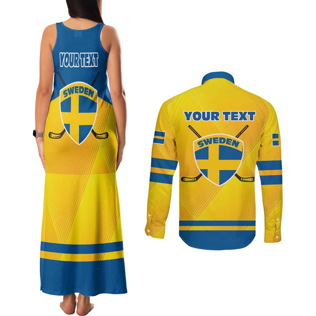Personalized Sweden Ice Hockey Couples Matching Tank Maxi Dress and Long Sleeve Button Shirt Sporty Style