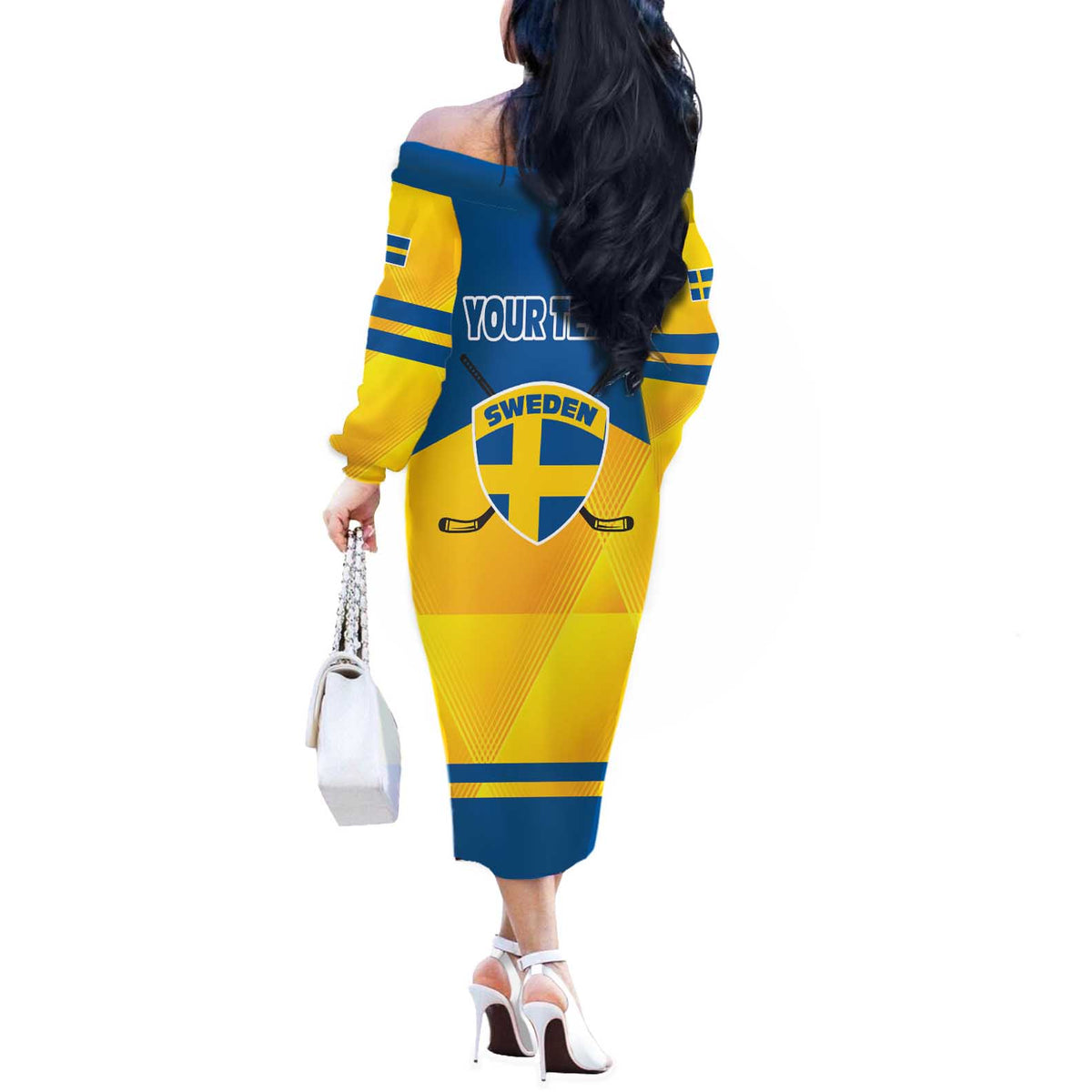 Personalized Sweden Ice Hockey Off The Shoulder Long Sleeve Dress Sporty Style