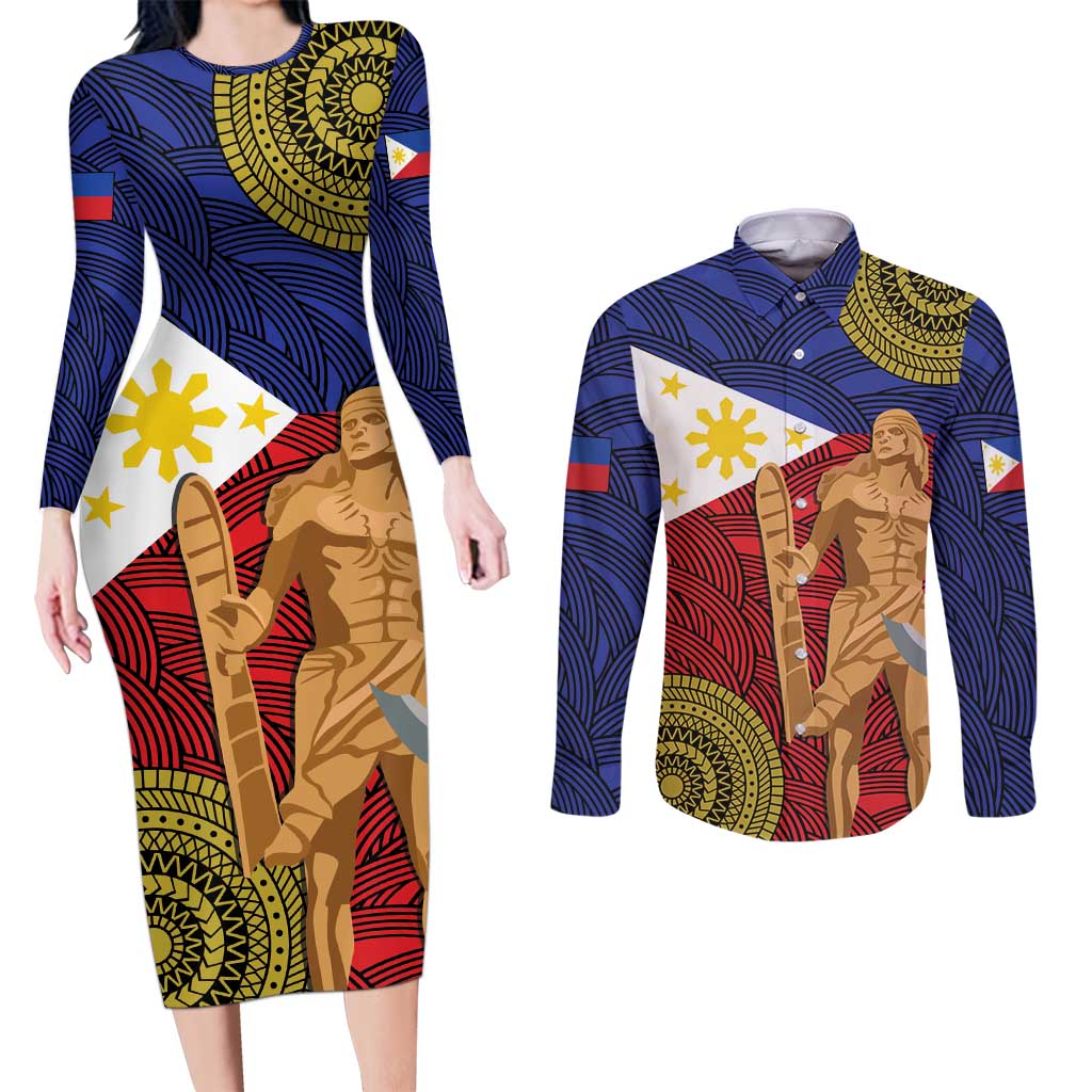 Philippines National Flag Day 28 May Couples Matching Long Sleeve Bodycon Dress and Long Sleeve Button Shirt Lapu-Lapu King