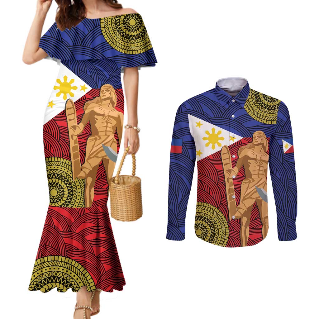 Philippines National Flag Day 28 May Couples Matching Mermaid Dress and Long Sleeve Button Shirt Lapu-Lapu King