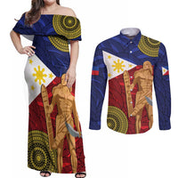 Philippines National Flag Day 28 May Couples Matching Off Shoulder Maxi Dress and Long Sleeve Button Shirt Lapu-Lapu King