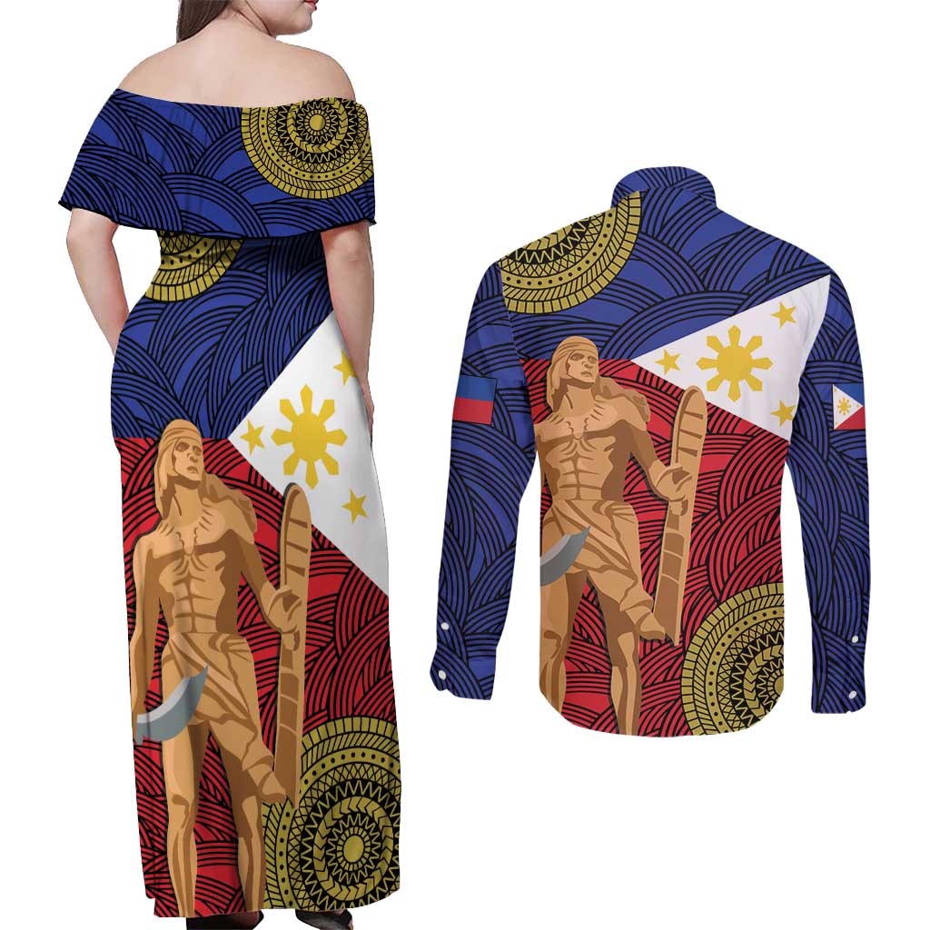 Philippines National Flag Day 28 May Couples Matching Off Shoulder Maxi Dress and Long Sleeve Button Shirt Lapu-Lapu King