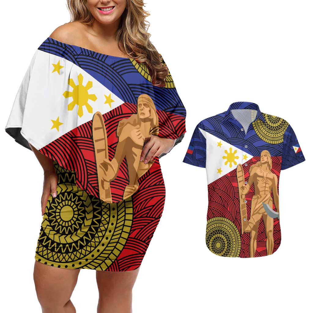 Philippines National Flag Day 28 May Couples Matching Off Shoulder Short Dress and Hawaiian Shirt Lapu-Lapu King