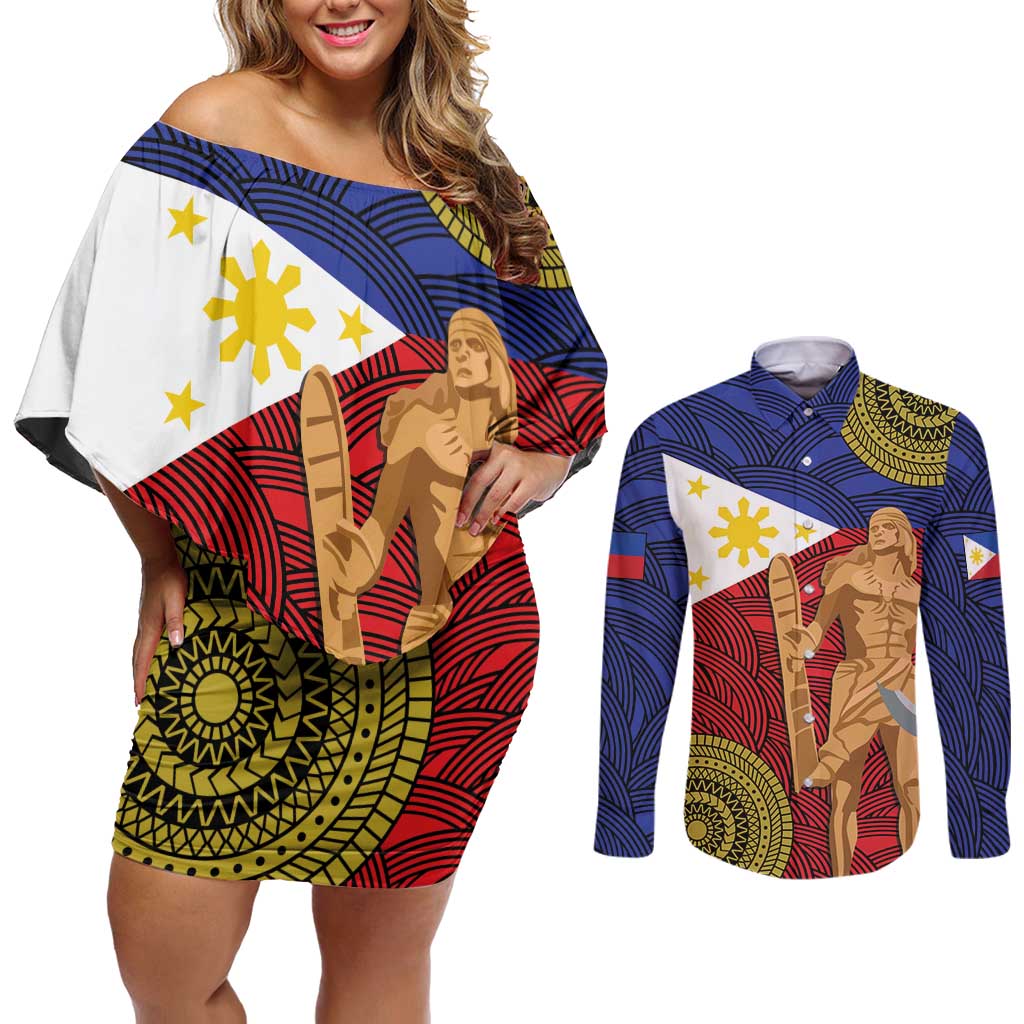 Philippines National Flag Day 28 May Couples Matching Off Shoulder Short Dress and Long Sleeve Button Shirt Lapu-Lapu King