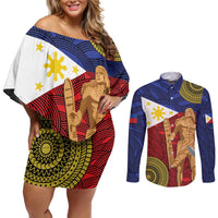 Philippines National Flag Day 28 May Couples Matching Off Shoulder Short Dress and Long Sleeve Button Shirt Lapu-Lapu King