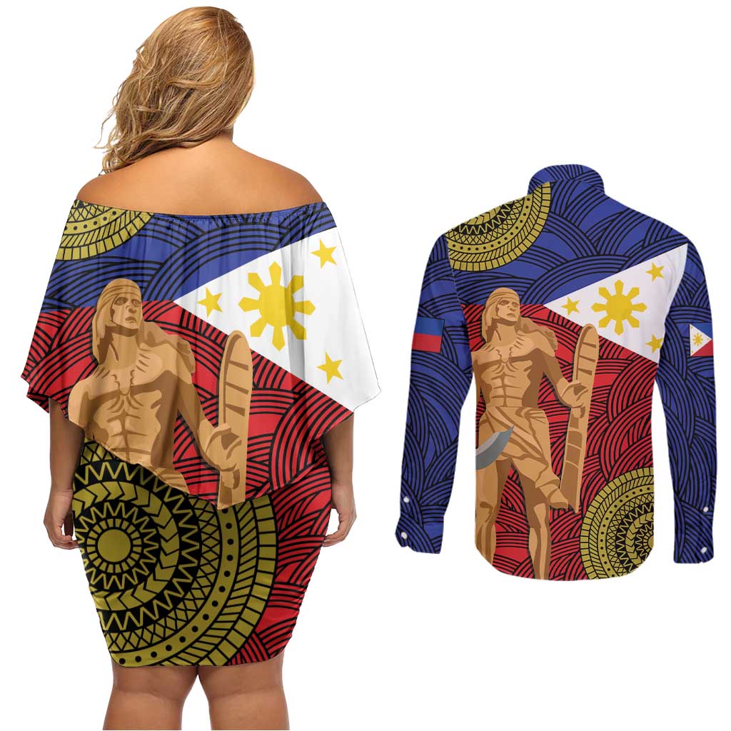 Philippines National Flag Day 28 May Couples Matching Off Shoulder Short Dress and Long Sleeve Button Shirt Lapu-Lapu King