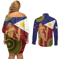 Philippines National Flag Day 28 May Couples Matching Off Shoulder Short Dress and Long Sleeve Button Shirt Lapu-Lapu King