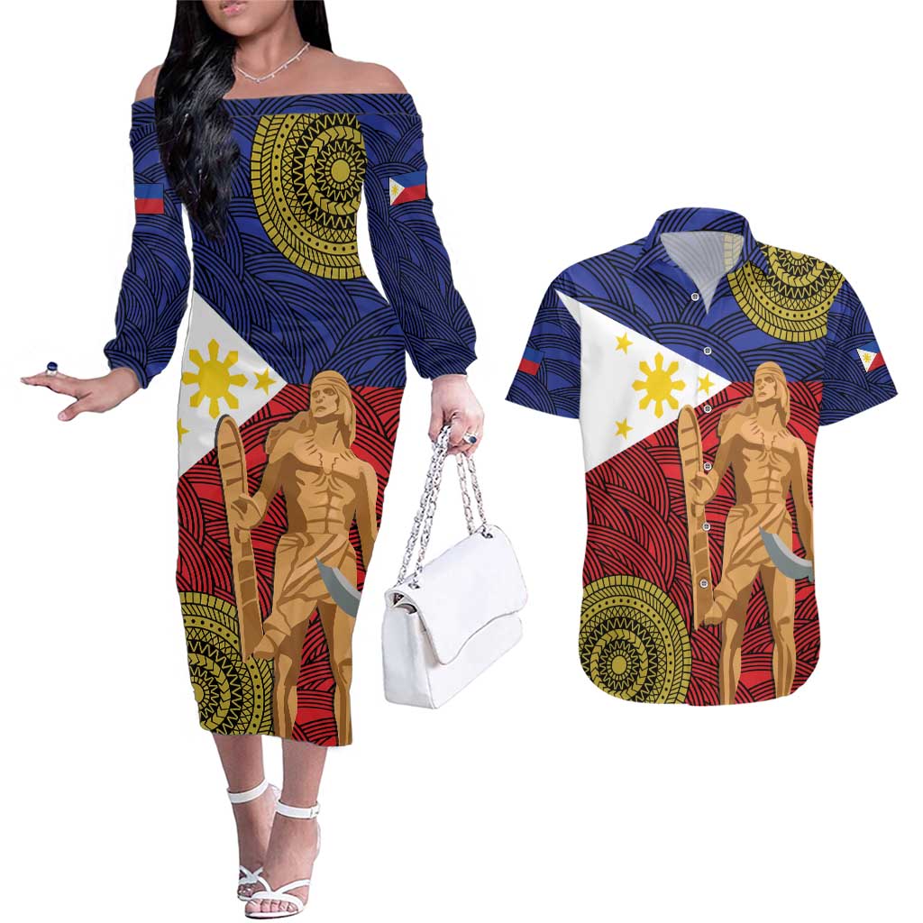 Philippines National Flag Day 28 May Couples Matching Off The Shoulder Long Sleeve Dress and Hawaiian Shirt Lapu-Lapu King