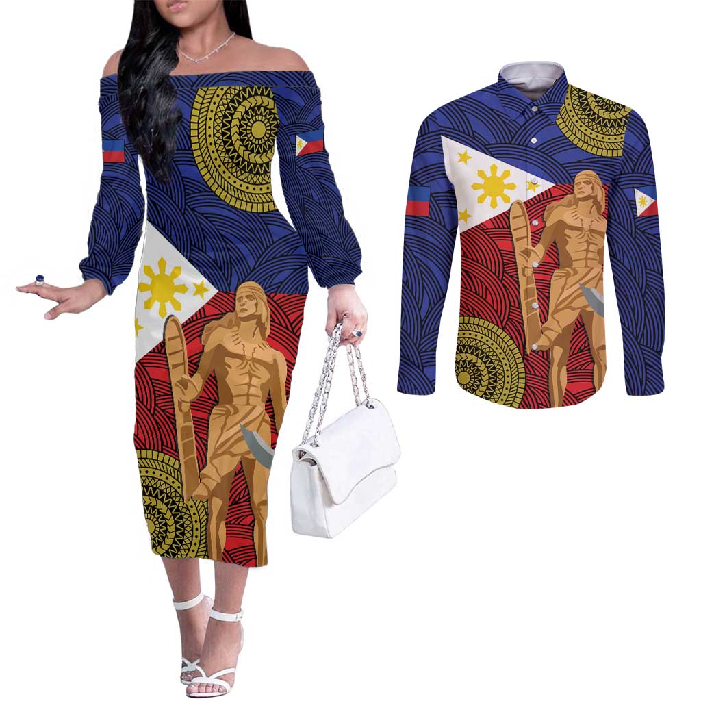Philippines National Flag Day 28 May Couples Matching Off The Shoulder Long Sleeve Dress and Long Sleeve Button Shirt Lapu-Lapu King