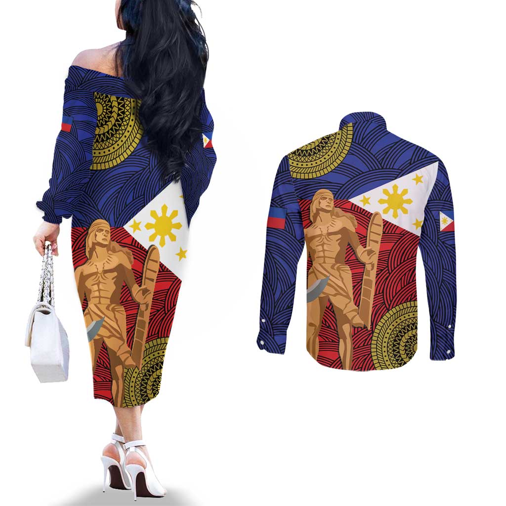 Philippines National Flag Day 28 May Couples Matching Off The Shoulder Long Sleeve Dress and Long Sleeve Button Shirt Lapu-Lapu King