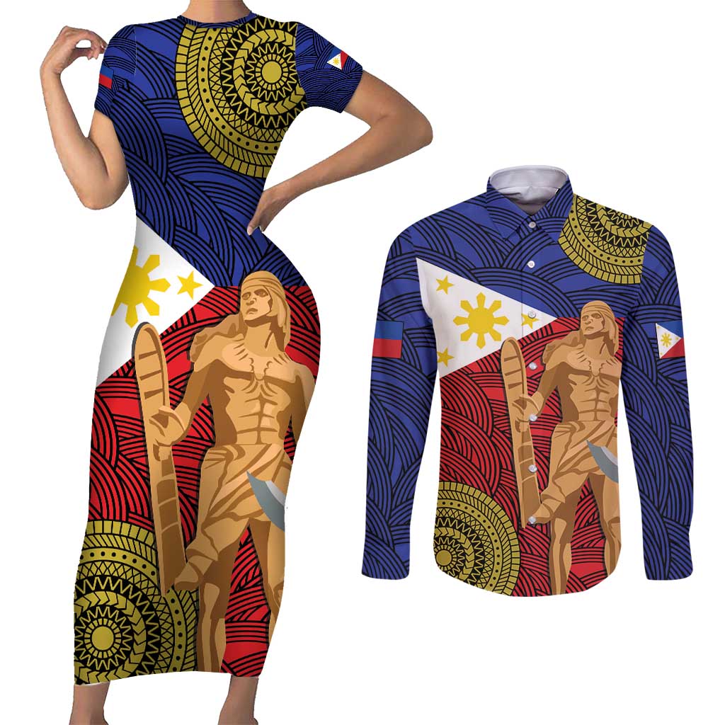 Philippines National Flag Day 28 May Couples Matching Short Sleeve Bodycon Dress and Long Sleeve Button Shirt Lapu-Lapu King