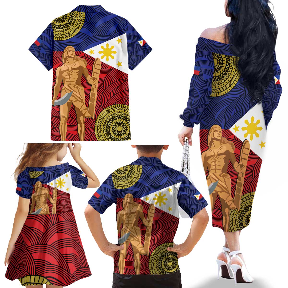Philippines National Flag Day 28 May Family Matching Off The Shoulder Long Sleeve Dress and Hawaiian Shirt Lapu-Lapu King