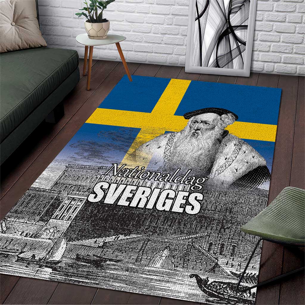 Sweden Sveriges Nationaldag Area Rug King Gustav Vasa with Stockholm Slott