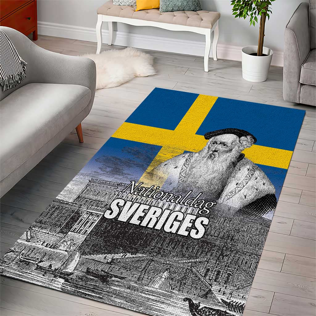 Sweden Sveriges Nationaldag Area Rug King Gustav Vasa with Stockholm Slott