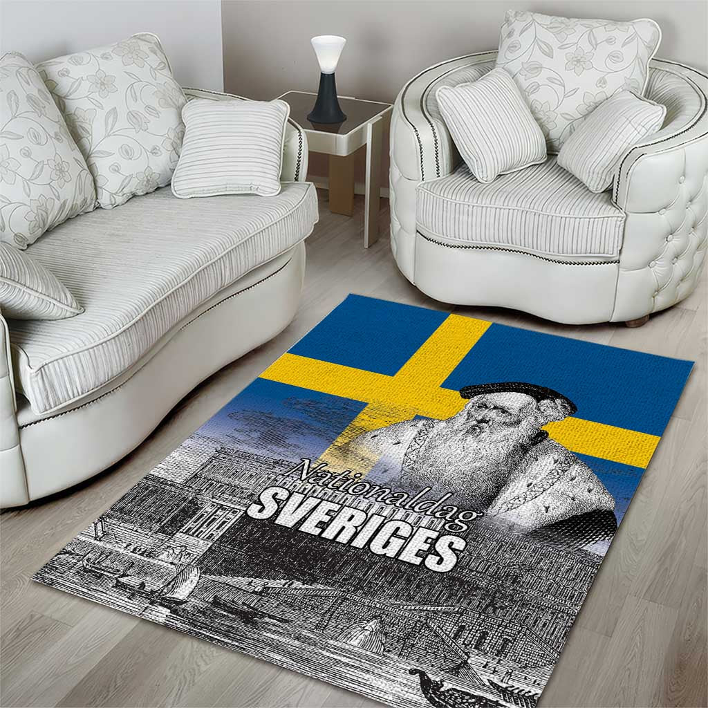 Sweden Sveriges Nationaldag Area Rug King Gustav Vasa with Stockholm Slott