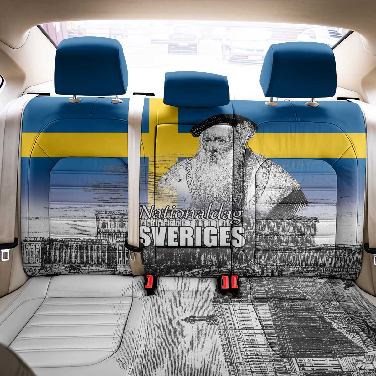 Sweden Sveriges Nationaldag Back Car Seat Cover King Gustav Vasa with Stockholm Slott