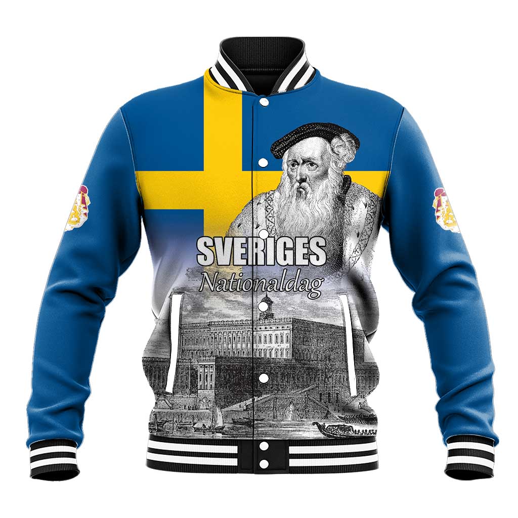 Sweden Sveriges Nationaldag Baseball Jacket King Gustav Vasa with Stockholm Slott