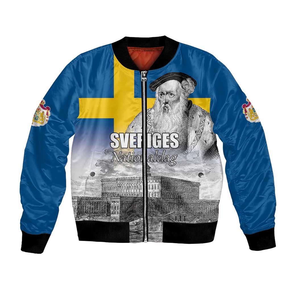 Sweden Sveriges Nationaldag Bomber Jacket King Gustav Vasa with Stockholm Slott