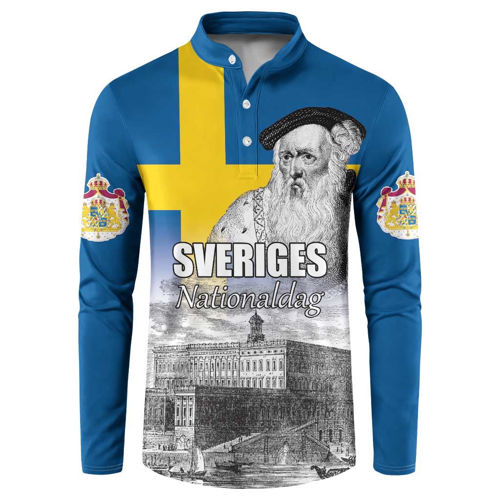 Sweden Sveriges Nationaldag Button Sweatshirt King Gustav Vasa with Stockholm Slott