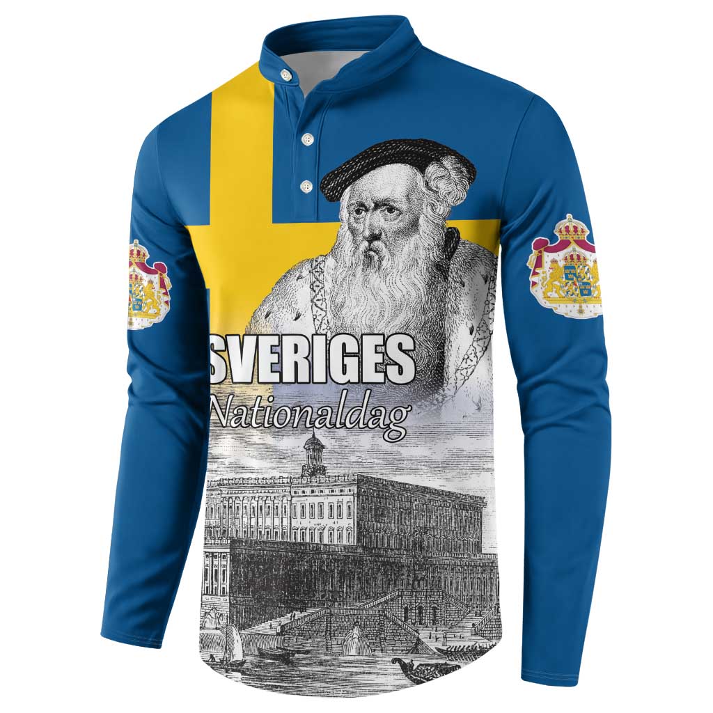 Sweden Sveriges Nationaldag Button Sweatshirt King Gustav Vasa with Stockholm Slott