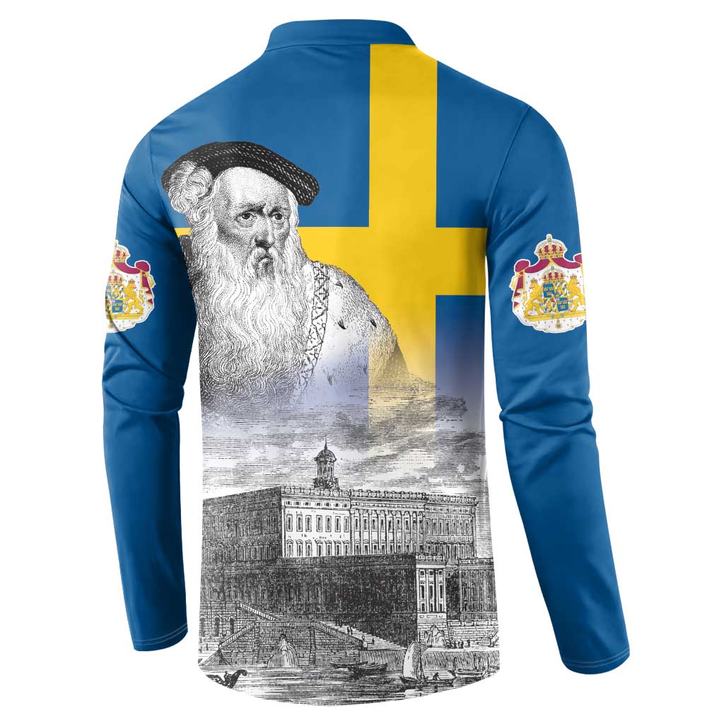 Sweden Sveriges Nationaldag Button Sweatshirt King Gustav Vasa with Stockholm Slott