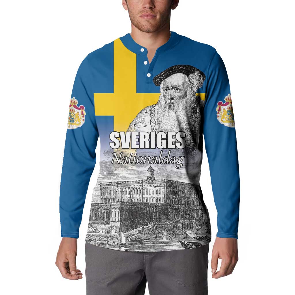 Sweden Sveriges Nationaldag Button Sweatshirt King Gustav Vasa with Stockholm Slott